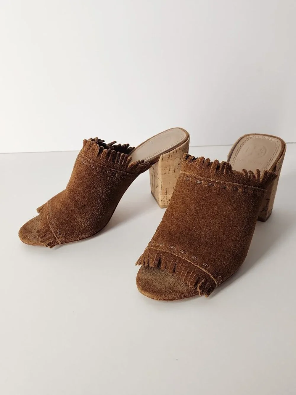 Tory Burch Huntington Festival Brown suede fringe mule sandal heel shoes 5.5 M